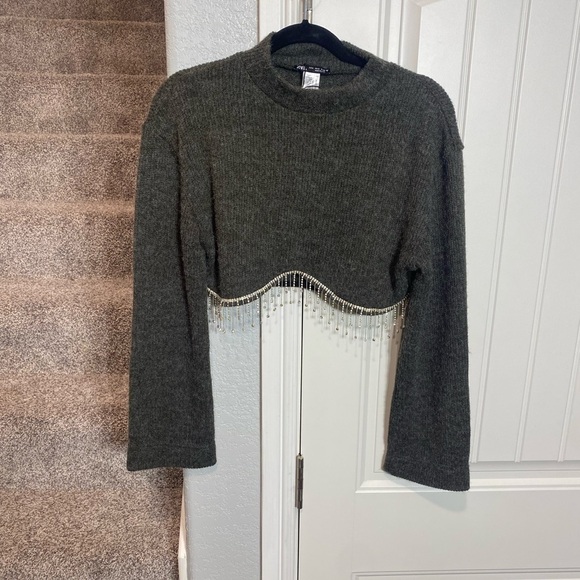 Zara Dark Gray Jewel Crystal Fringe sweater - Picture 5 of 14